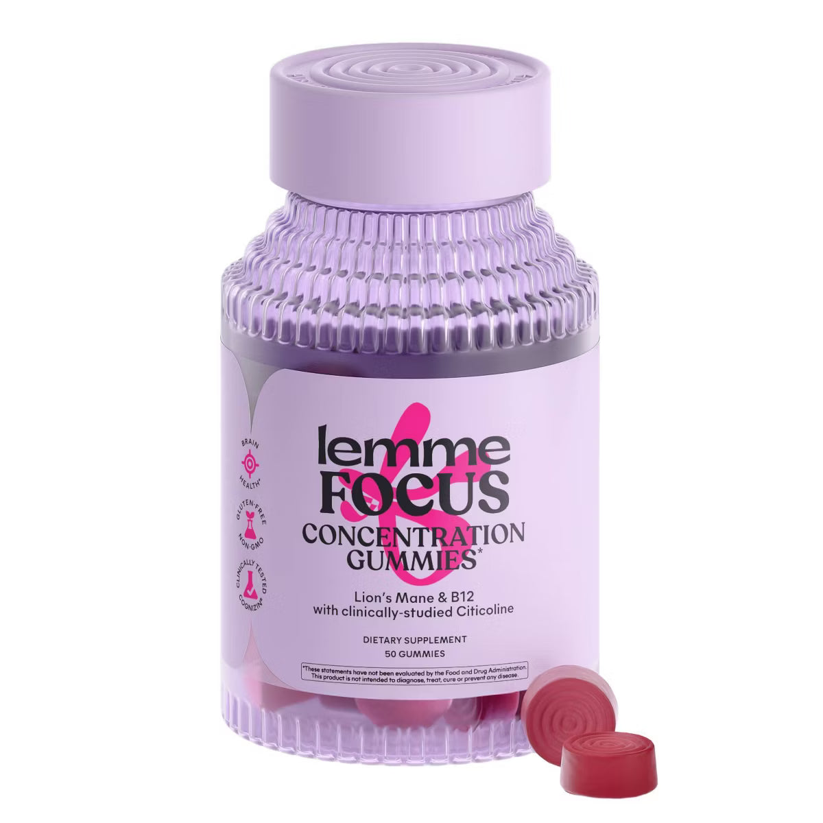 Lemme Focus Gummies - Brain Health & Concentration Support - Cognizin, B12 & Lion’s Mane - Strawberry Flavored - 50 gummies